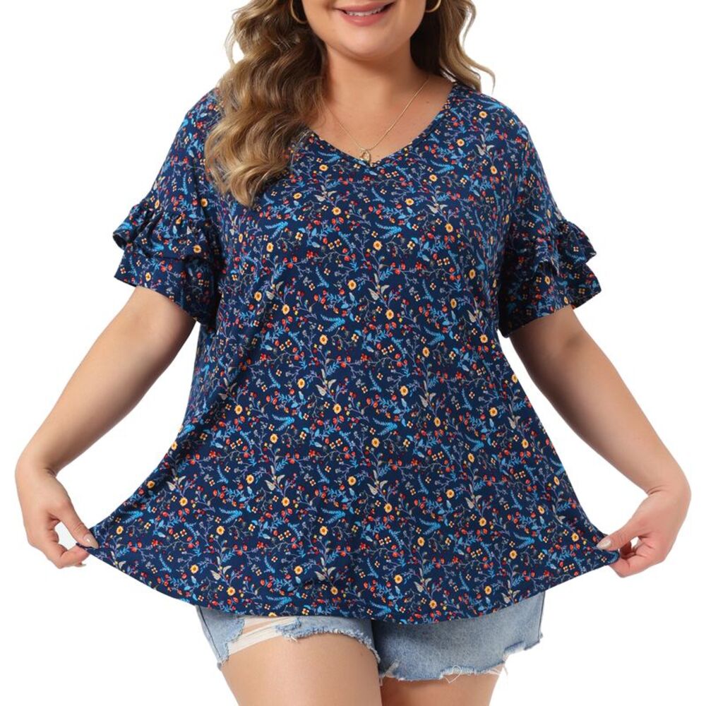 Women Plus Size V Neck Ruffle Sleeve Floral Summer Blouses Dark Blue